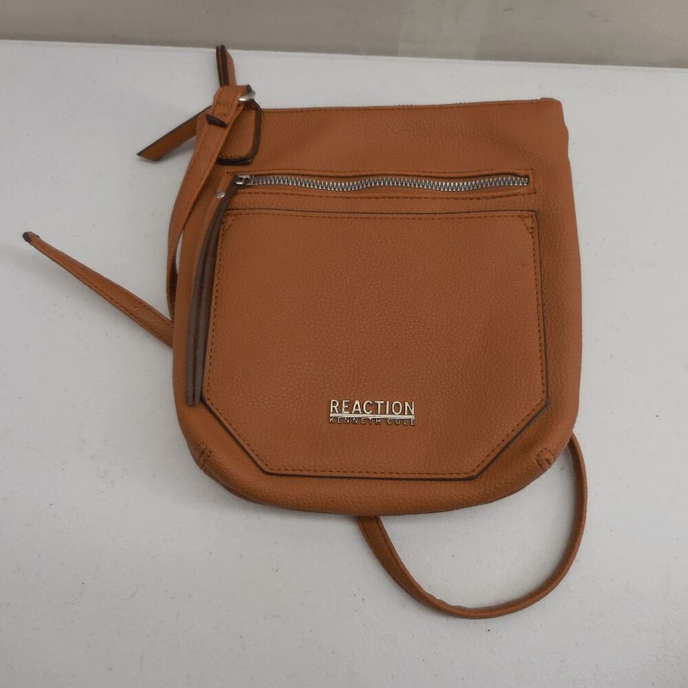 Kenneth Cole Tan Faux Leather‎ Crossbody Handbag Double Zip Pockets Purse 8"x9"